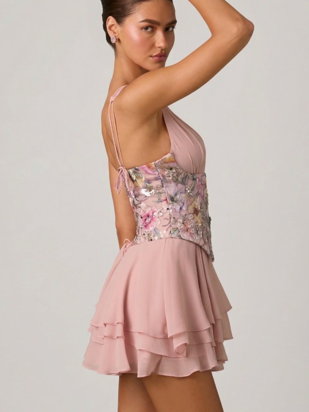 NWT OH POLLLY Sakura Embellished Ruffled Corset Mini Dress in Floral Pink 8 - Picture 4 of 4